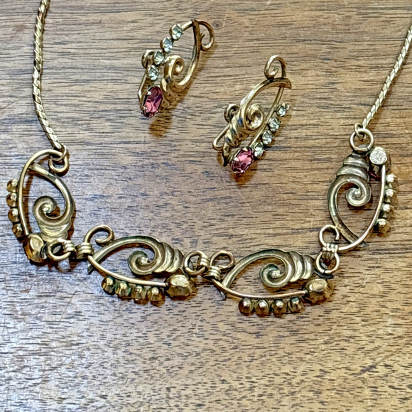 De Curtis Pink Rhinestone Choker & Screw Earrings 1/20 12k Gold Filled Vintage - Picture 6 of 8